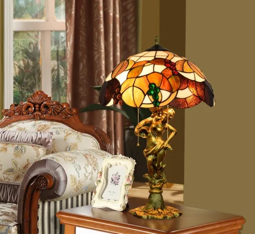 Настольная лампа Тиффани Autumn OFT933 Tiffany Lighting разноцветная коричневая зелёная белая 2 лампы, основание золотое металл в стиле тиффани виноград цветы фото 2